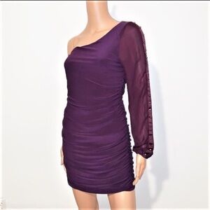 LIPSTICK One Shoulder Ruched Party Dress size small purple sheer gold studs